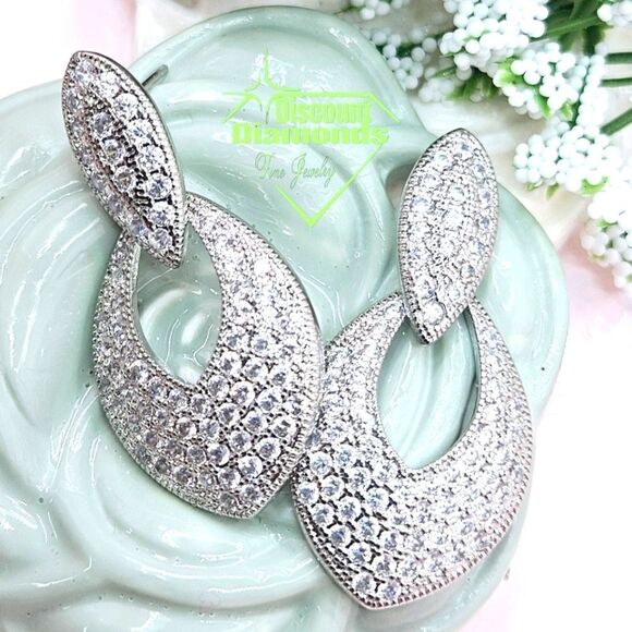 Dainty White Baguette Diamond Dangle Earrings 925 Silver - Picture 7 of 9